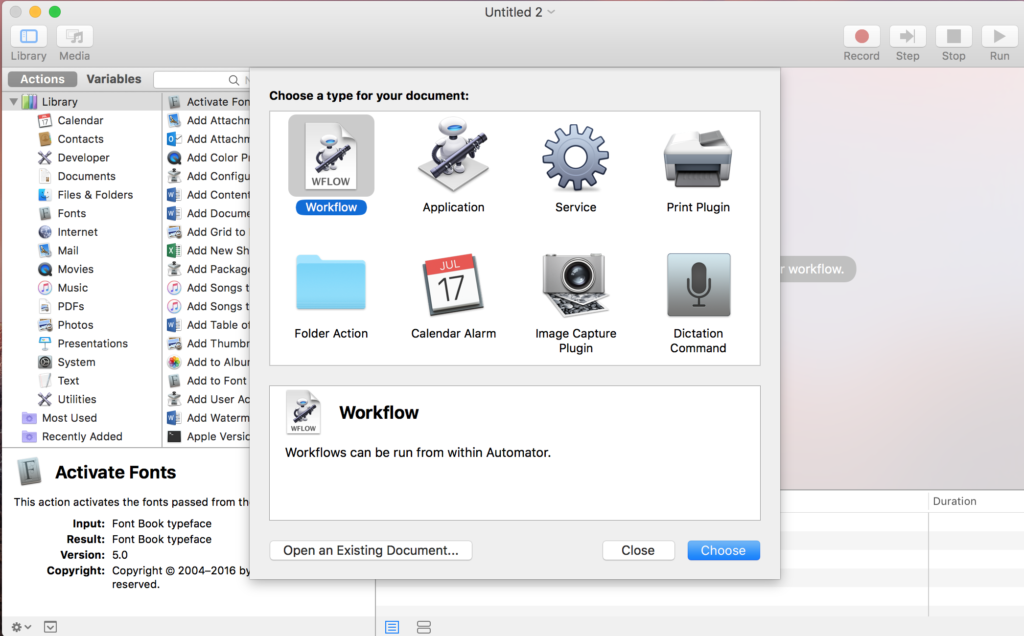 Automator initial screen